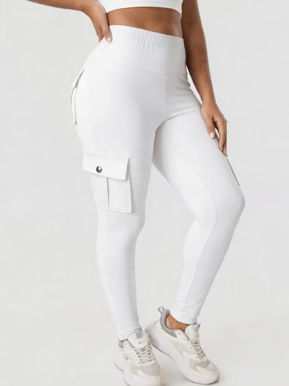 High-Waist Cargo Pocket Leggings - White
